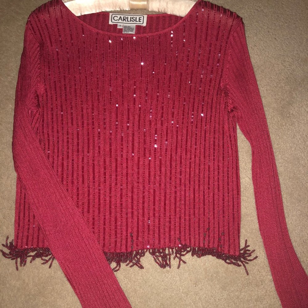Carlisle Embroidered Red Fringe Sweater